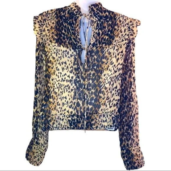 Free People | Brown Leopard Print Roma Blouse Cropped Sheer Crinkle S - Picture 4 of 7